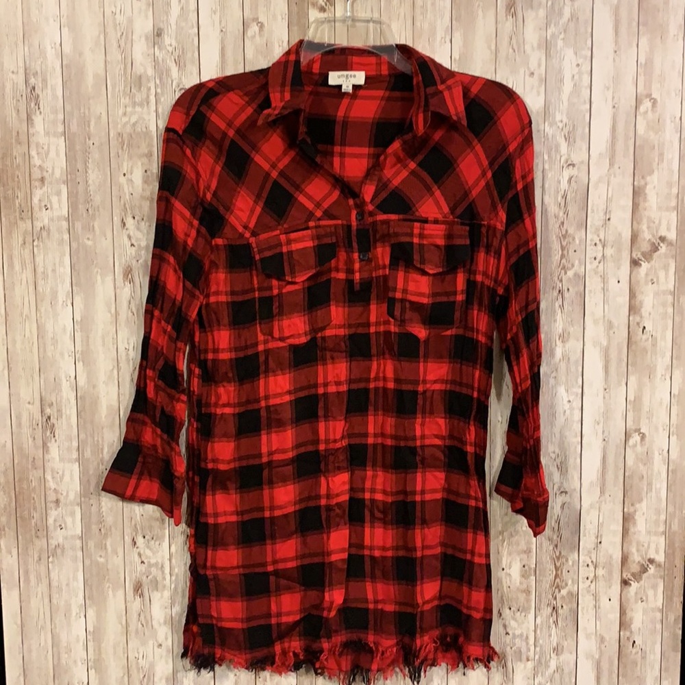 Umgee Buffalo Plaid Flannel Fringe Dress